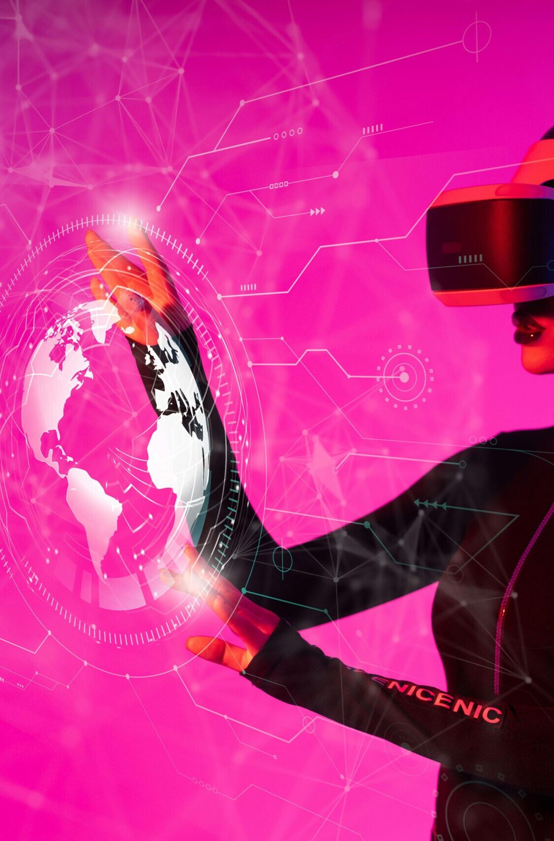 A woman interacts with a VR hologram in a futuristic studio setting.