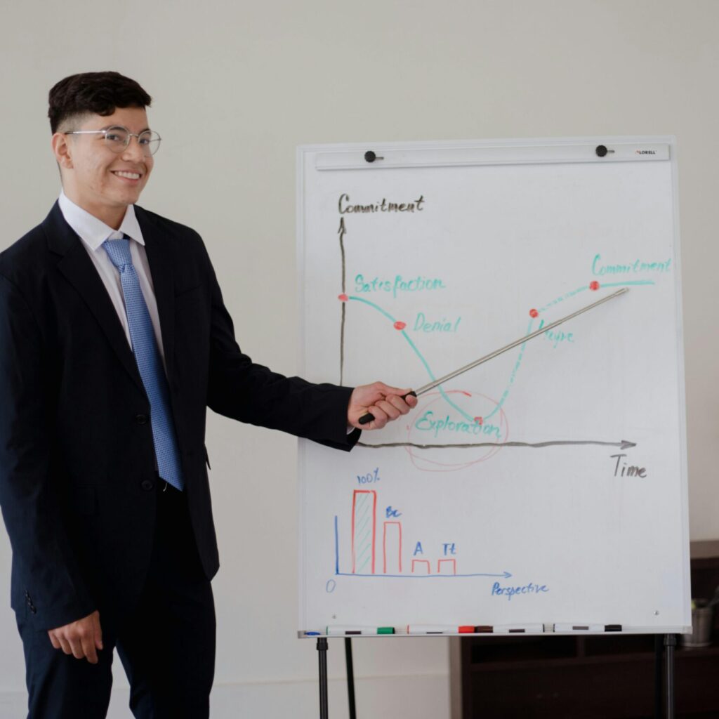 Businessman presenting a graph on a whiteboard, discussing progress and statistics.