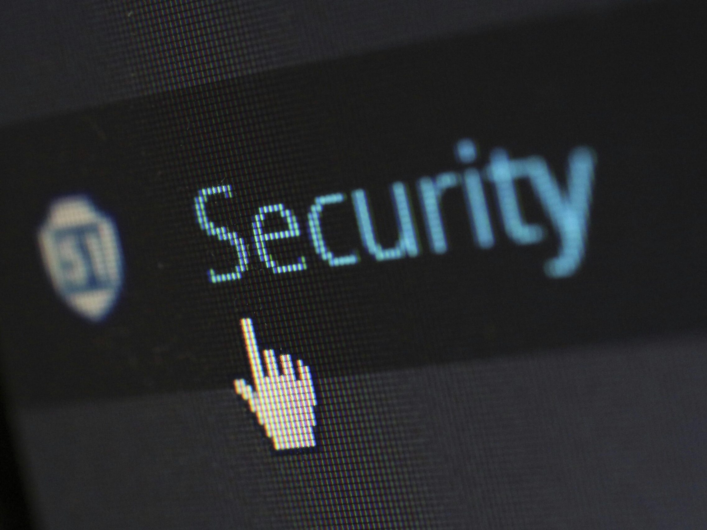 Close-up view of a mouse cursor over digital security text on display.
